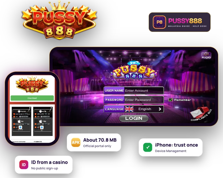 Pussy888 official web client login screen and download portal, with the Android file size, the iPhone trust step and the casino-issued ID