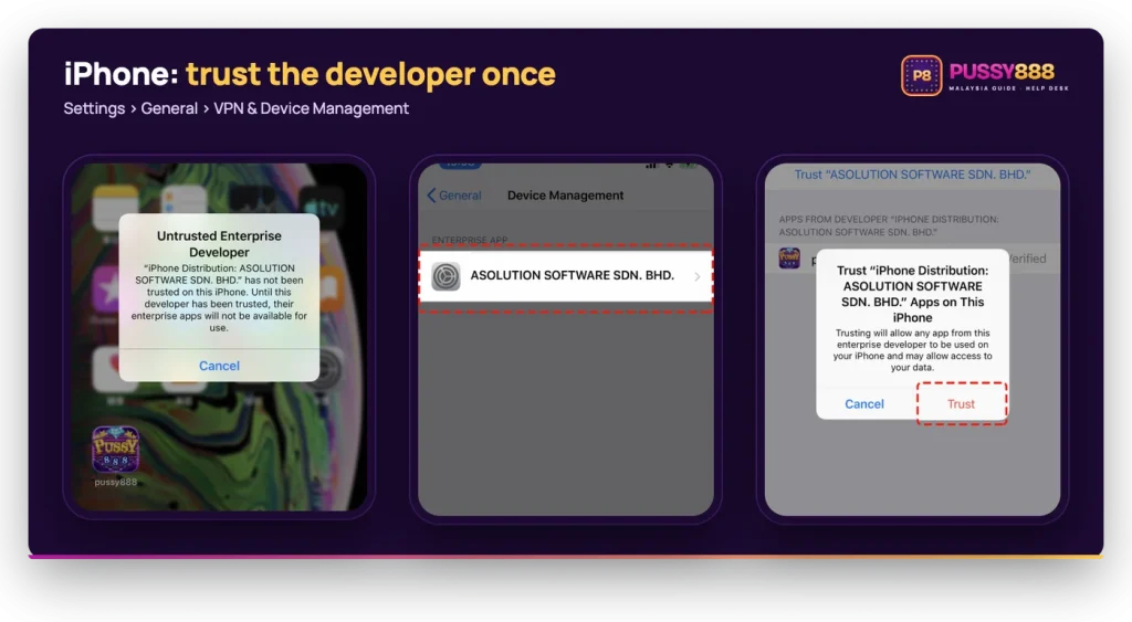 Pussy888 iOS install: Untrusted Enterprise Developer message, Device Management entry ASOLUTION SOFTWARE SDN. BHD. and the Trust button