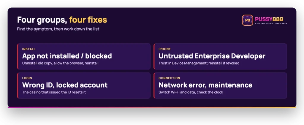 Pussy888 not working: install, iPhone trust, login and connection errors with their first fixes