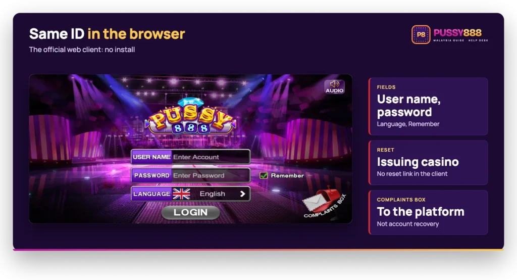 Pussy888 official web client login screen with user name, password, language and Complaints Box